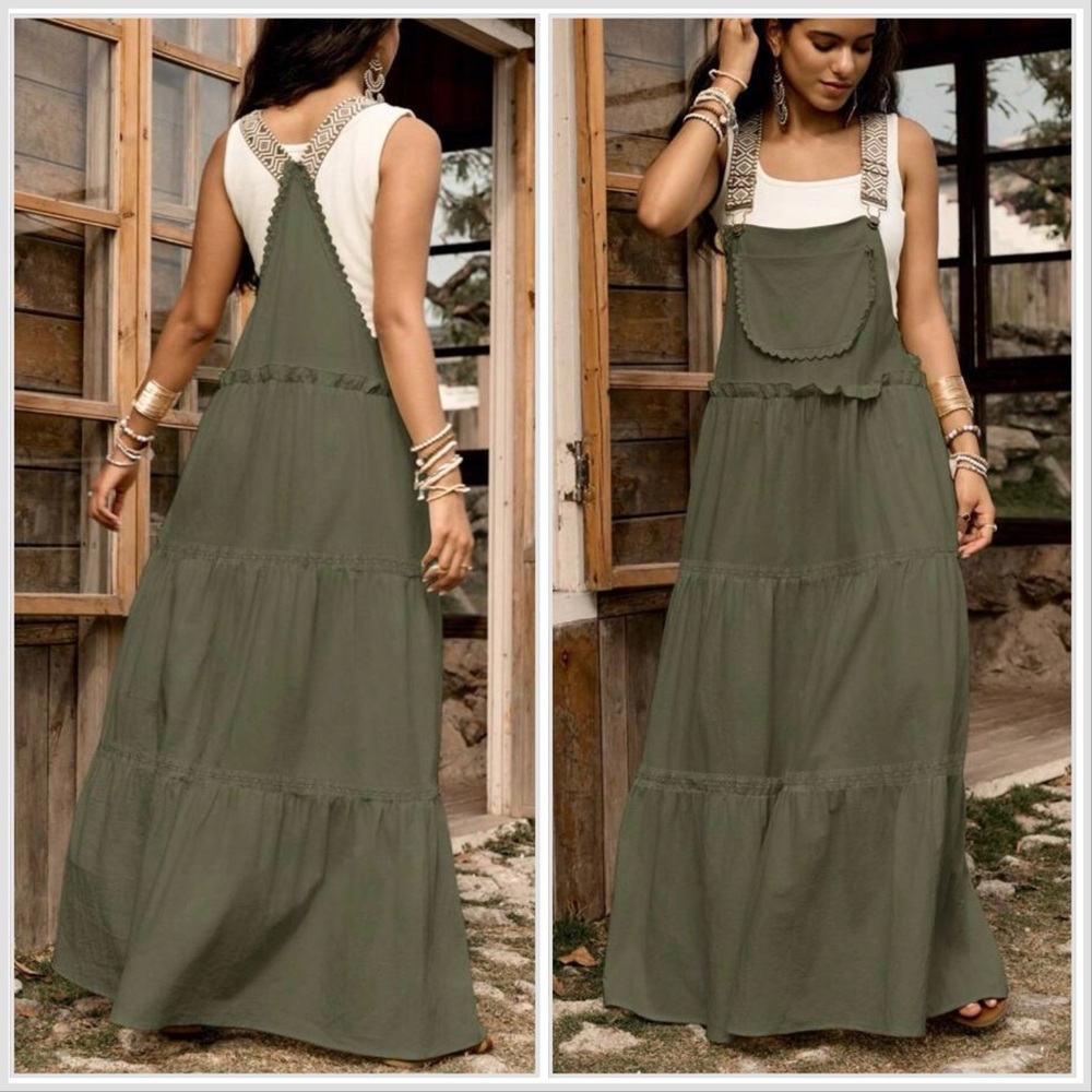 Olive Green Tiered Maxi Pinafore Dress - Women
